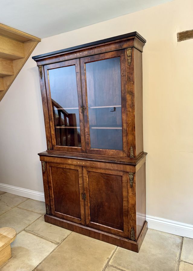 Antique Antique Victorian quality burr walnut inlaid bookcase cabinet