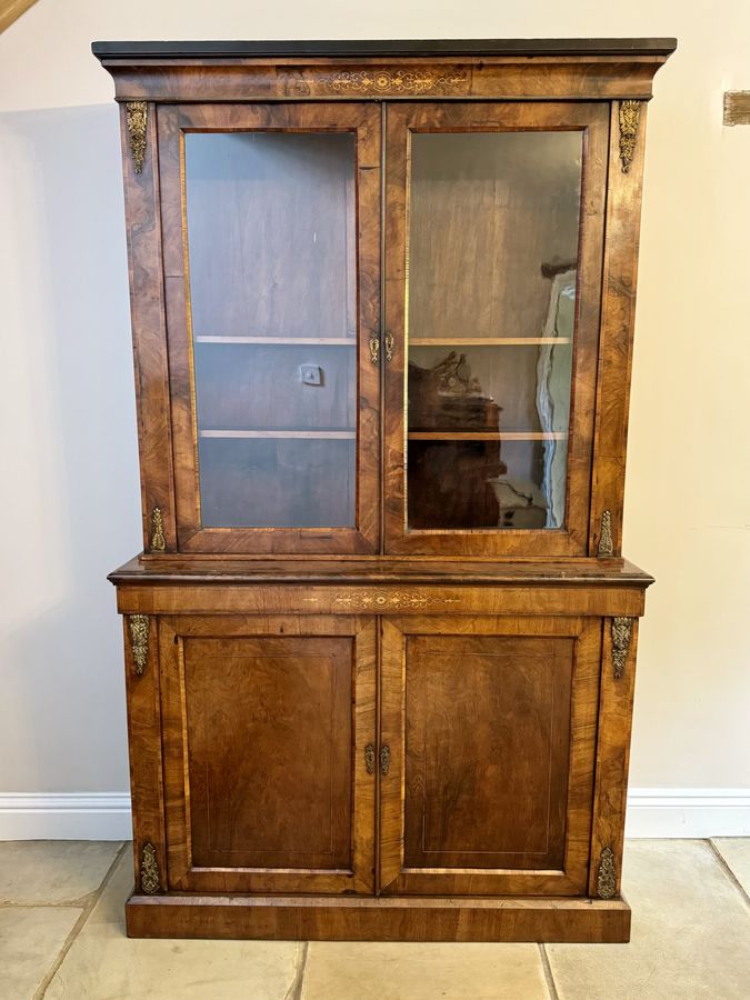 Antique Antique Victorian quality burr walnut inlaid bookcase cabinet