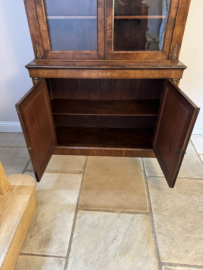 Antique Antique Victorian quality burr walnut inlaid bookcase cabinet