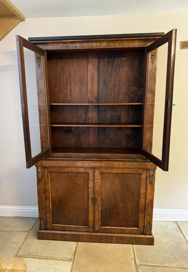 Antique Antique Victorian quality burr walnut inlaid bookcase cabinet