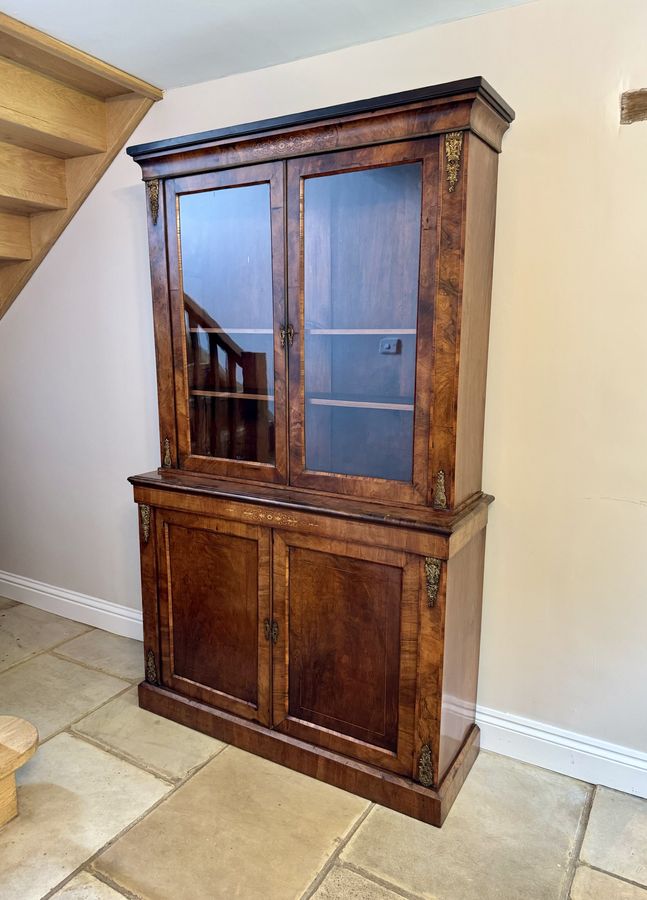 Antique Antique Victorian quality burr walnut inlaid bookcase cabinet