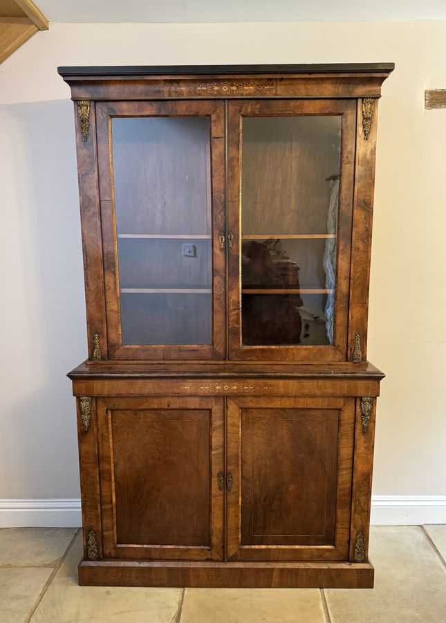 Antique Antique Victorian quality burr walnut inlaid bookcase cabinet