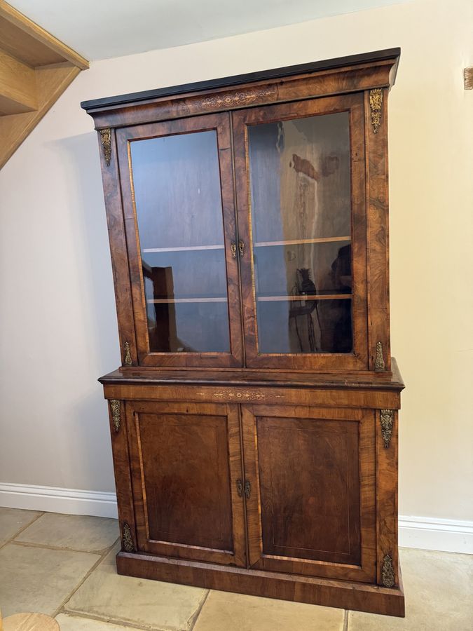 Antique Antique Victorian quality burr walnut inlaid bookcase cabinet