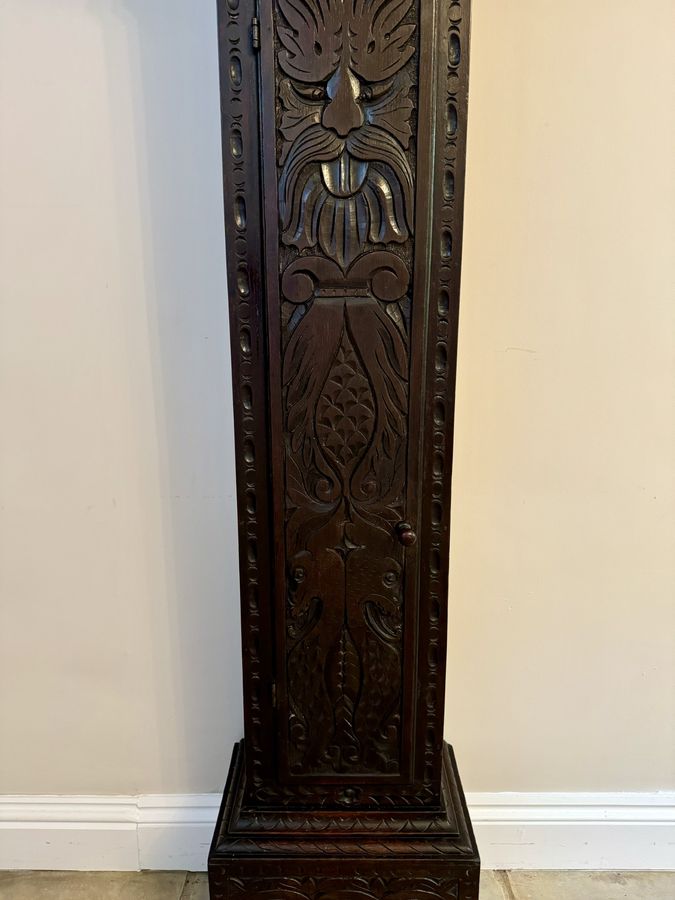 Antique Antique George II quality carved oak brass face long case clock 