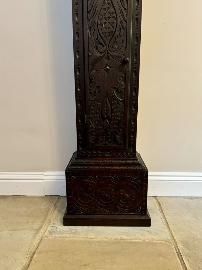 Antique Antique George II quality carved oak brass face long case clock 