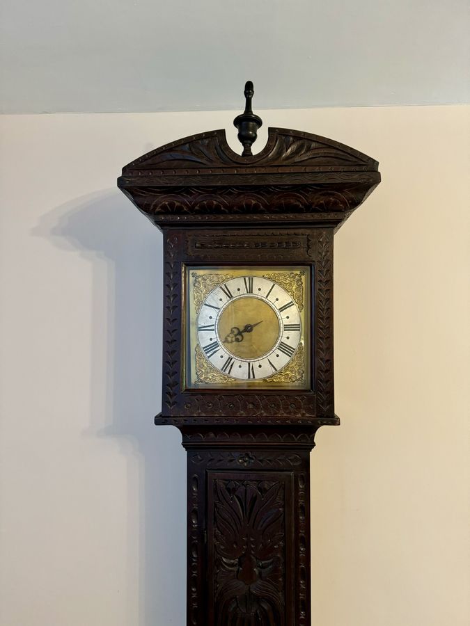 Antique Antique George II quality carved oak brass face long case clock 