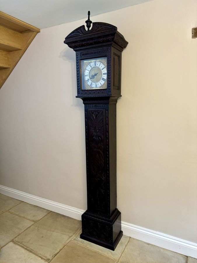 Antique Antique George II quality carved oak brass face long case clock 