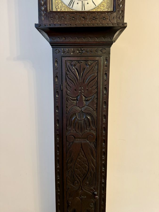 Antique Antique George II quality carved oak brass face long case clock 