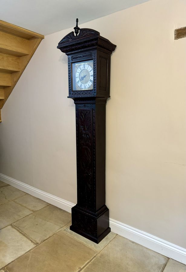 Antique Antique George II quality carved oak brass face long case clock 