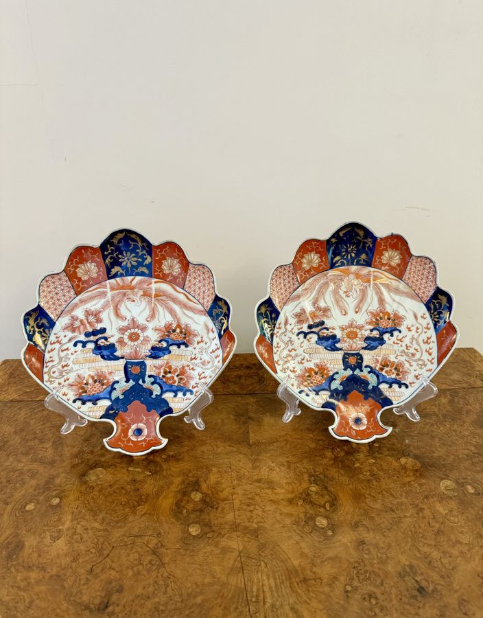 Unusual quality pair of antique Japanese imari fan shaped plates