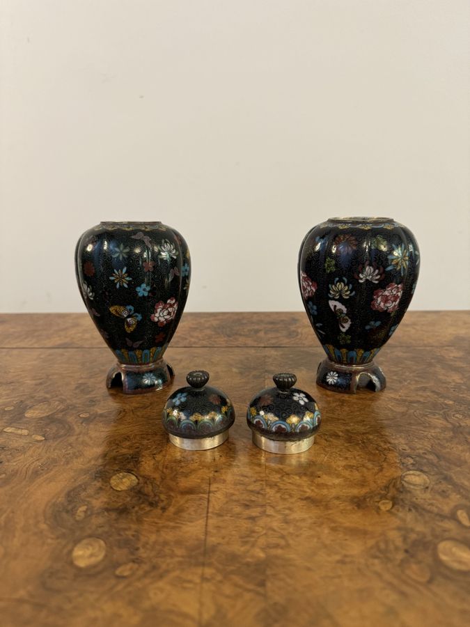 Antique Lovely pair of antique cloisonne lidded vases