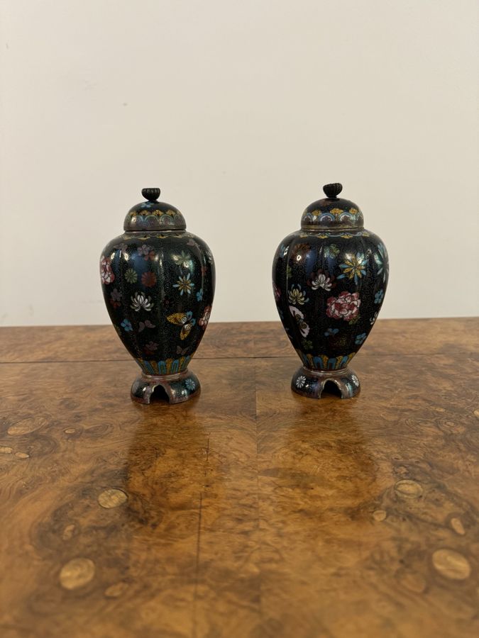 Antique Lovely pair of antique cloisonne lidded vases