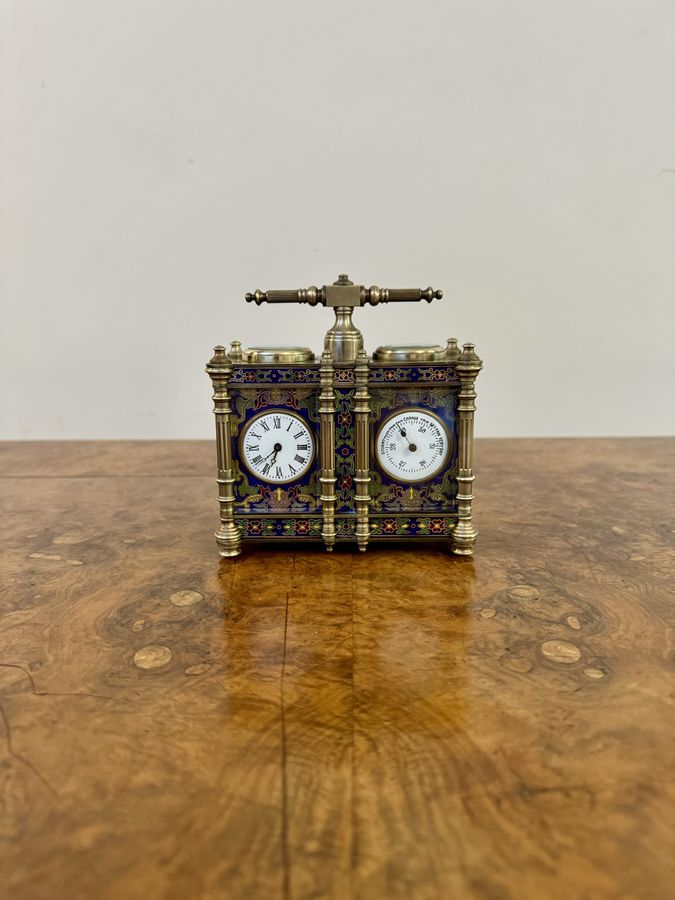 Antique Unusual antique Edwardian quality brass and enamel carriage clock and barometer