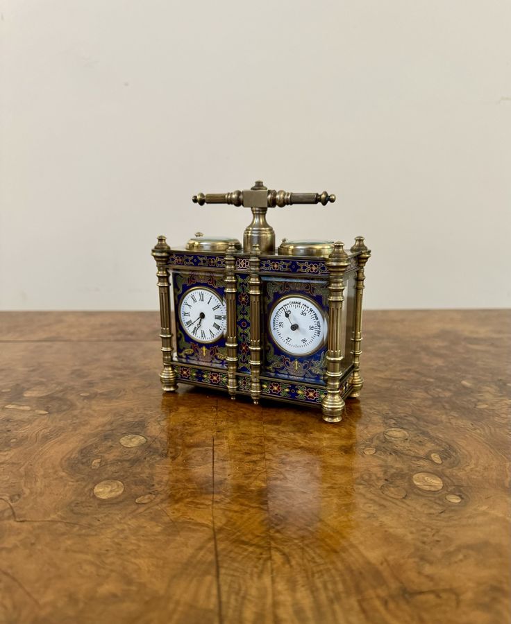 Antique Unusual antique Edwardian quality brass and enamel carriage clock and barometer