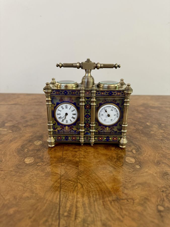 Antique Unusual antique Edwardian quality brass and enamel carriage clock and barometer