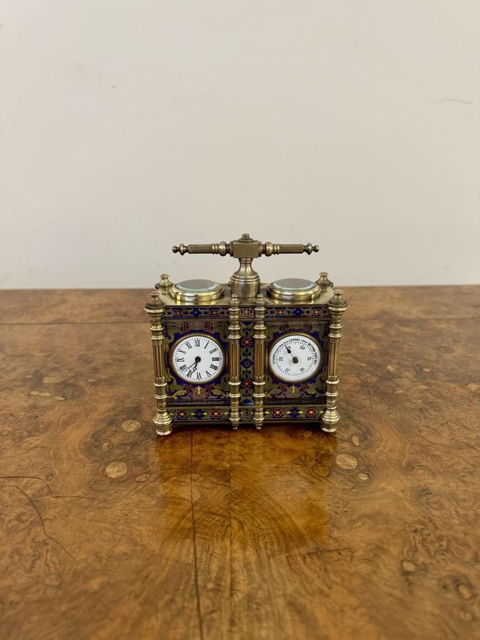 Antique Unusual antique Edwardian quality brass and enamel carriage clock and barometer