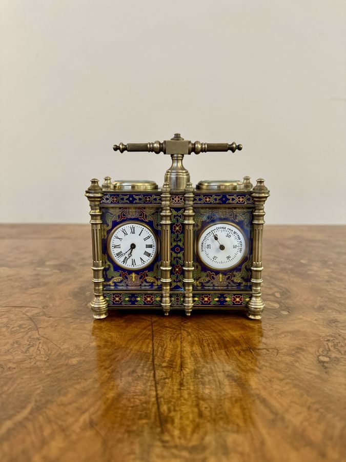 Unusual antique Edwardian quality brass and enamel carriage clock and barometer