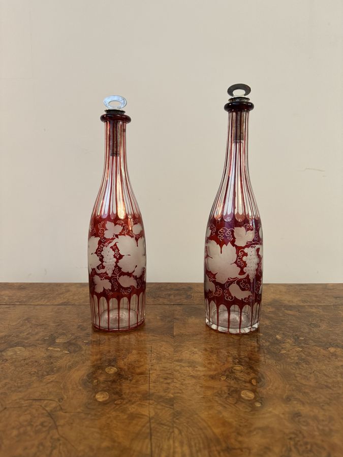 Antique Quality pair of antique Edwardian ruby glass decanters 