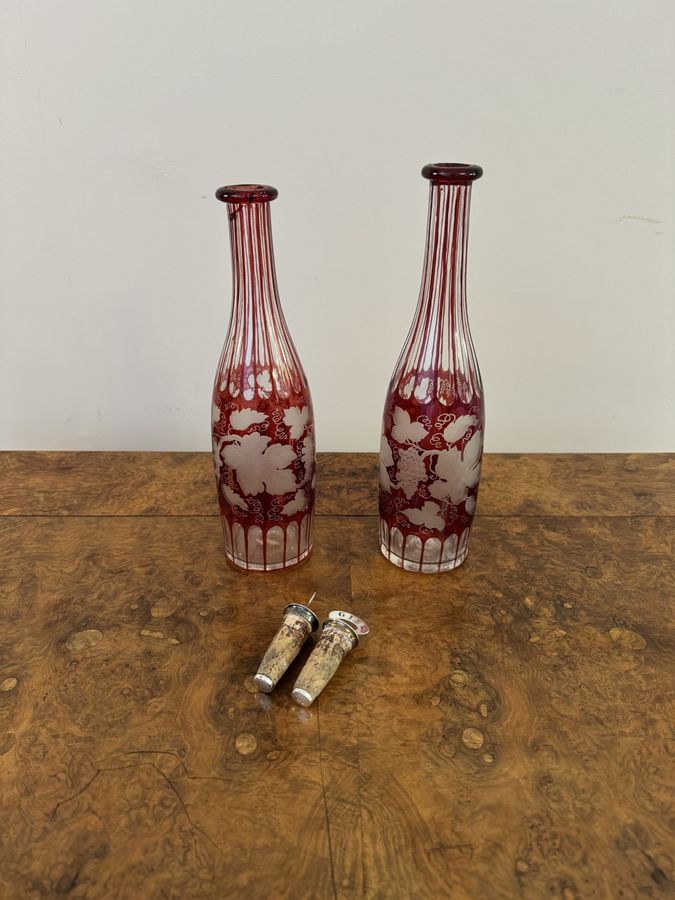 Antique Quality pair of antique Edwardian ruby glass decanters 