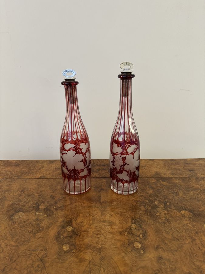 Antique Quality pair of antique Edwardian ruby glass decanters 