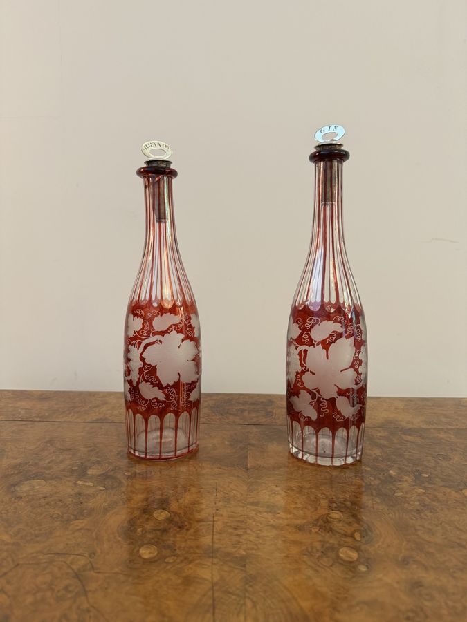 Antique Quality pair of antique Edwardian ruby glass decanters 