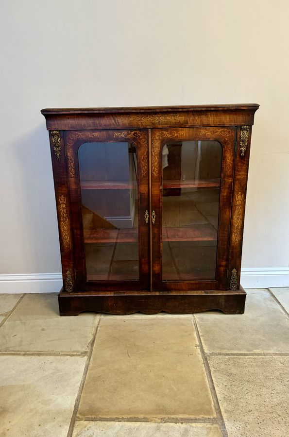 Antique Large antique Victorian quality burr walnut inlaid display cabinet 