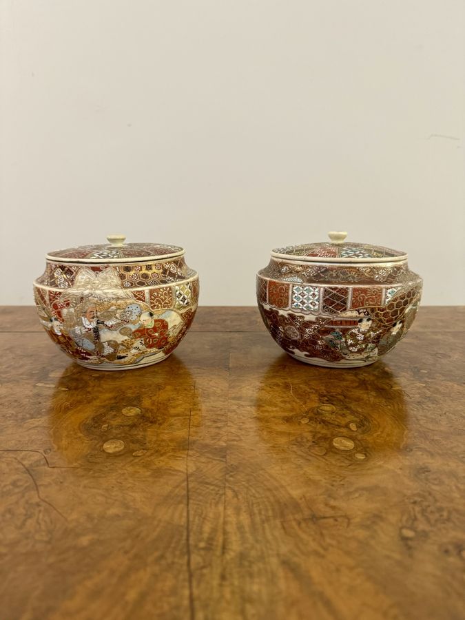 Unusual quality pair of antique Japanese Satsuma lidded jars