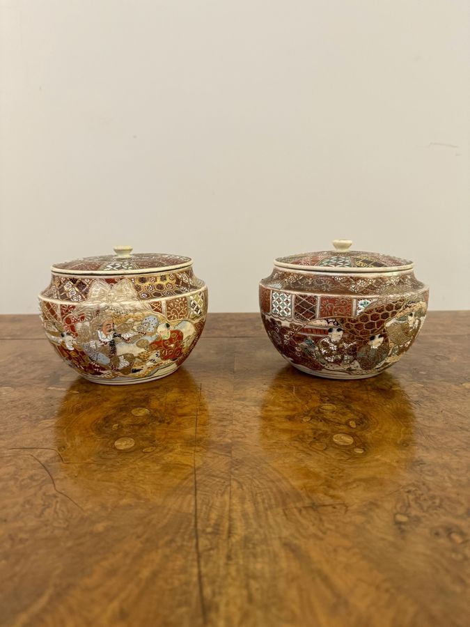 Antique Unusual quality pair of antique Japanese Satsuma lidded jars 