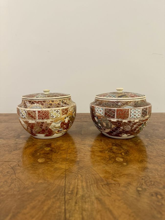 Antique Unusual quality pair of antique Japanese Satsuma lidded jars 