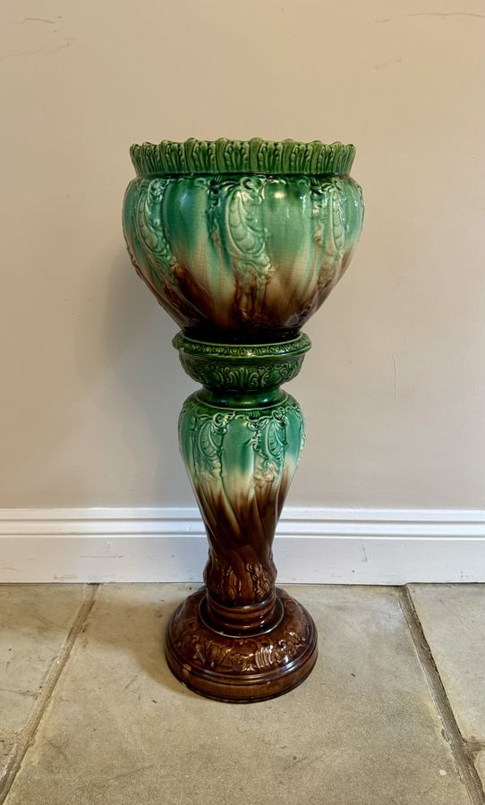 Antique Stunning quality antique Victorian majolica jardiniere on a stand