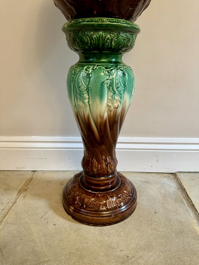 Antique Stunning quality antique Victorian majolica jardiniere on a stand