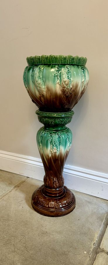 Antique Stunning quality antique Victorian majolica jardiniere on a stand