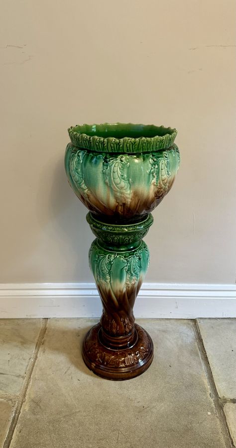 Antique Stunning quality antique Victorian majolica jardiniere on a stand