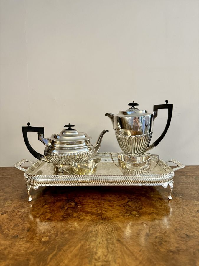 Elegant antique Edwardian quality silver plated four piece tea set and tray