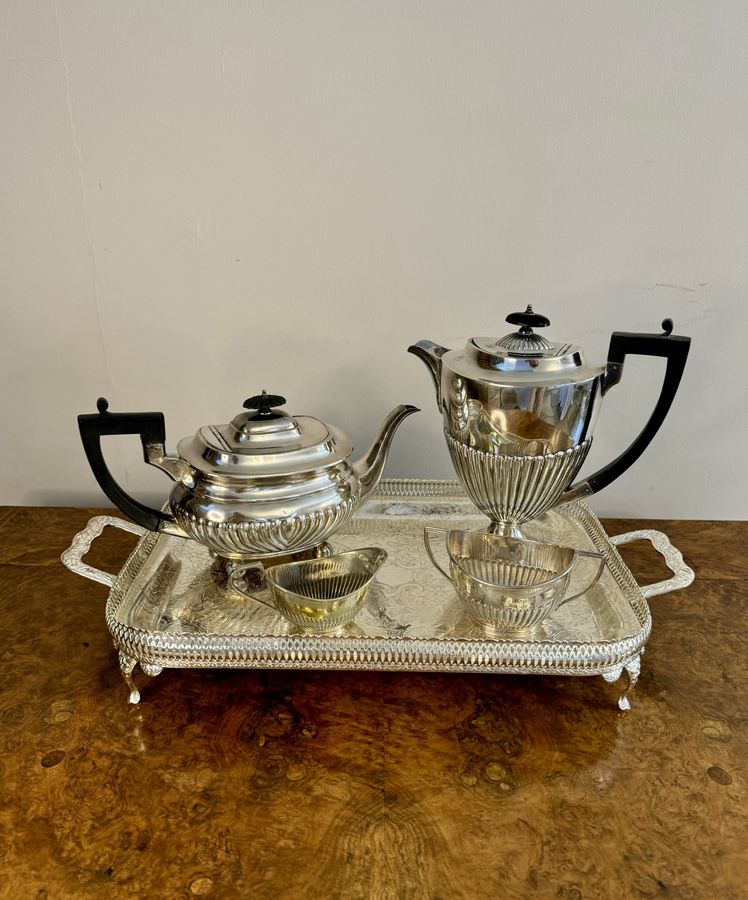 Antique Elegant antique Edwardian quality silver plated four piece tea set and tray 