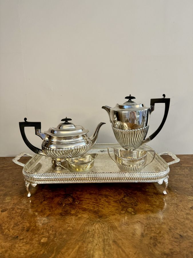 Antique Elegant antique Edwardian quality silver plated four piece tea set and tray 