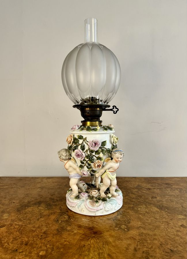 Outstanding quality antique Victorian Sitzendorf porcelain oil lamp