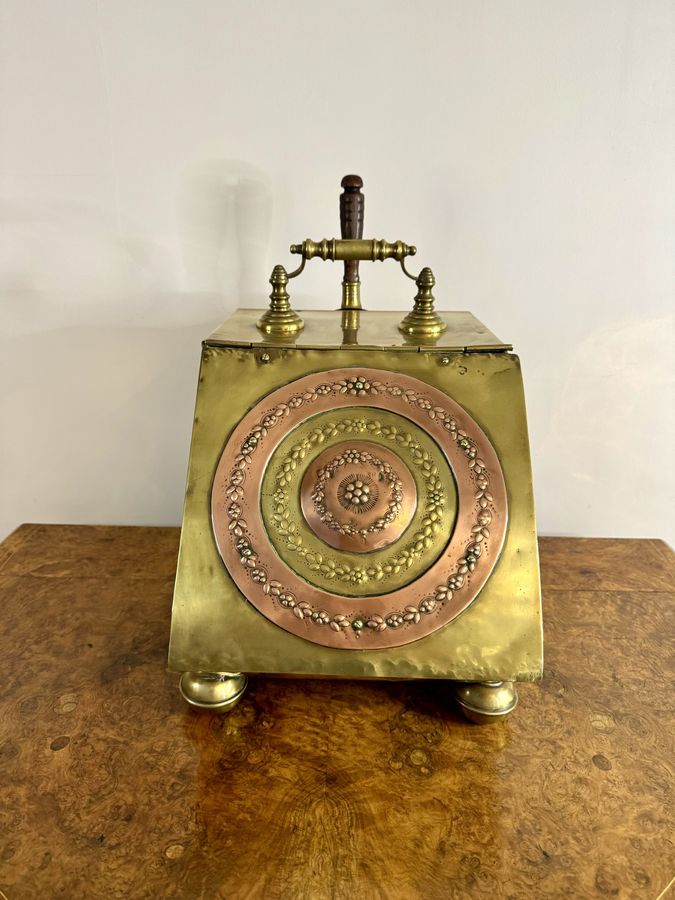 Antique Wonderful antique Victorian brass and copper coal box 