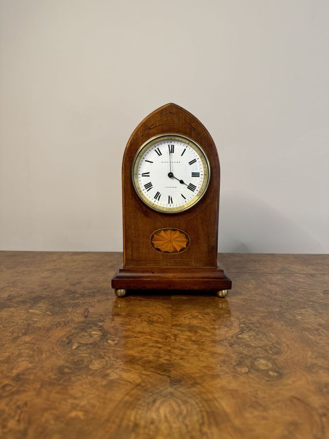 Lovely antique Edwardian quality mahogany inlaid satinwood mantle clock by Mappin & Webb London