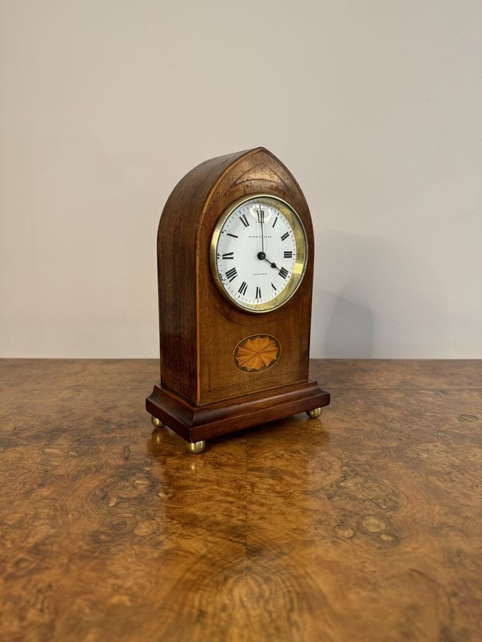 Antique Lovely antique Edwardian quality mahogany inlaid satinwood mantle clock by Mappin & Webb London