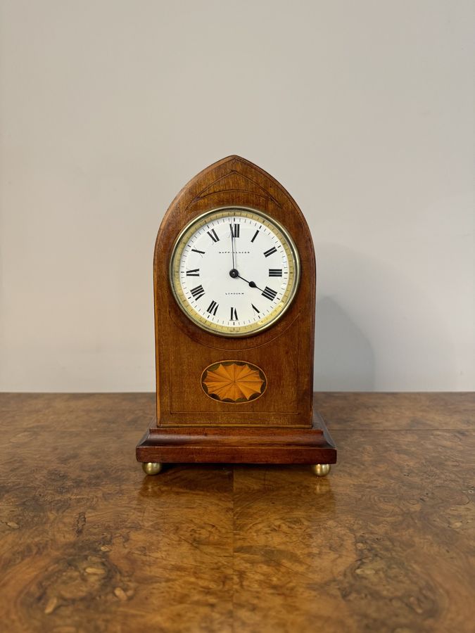 Antique Lovely antique Edwardian quality mahogany inlaid satinwood mantle clock by Mappin & Webb London