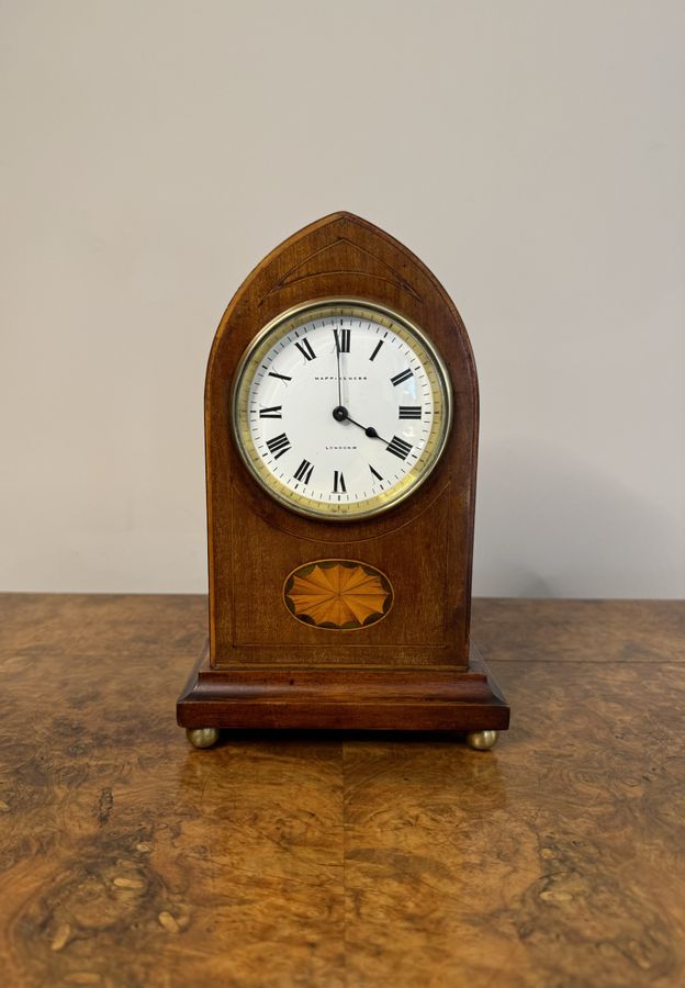 Antique Lovely antique Edwardian quality mahogany inlaid satinwood mantle clock by Mappin & Webb London