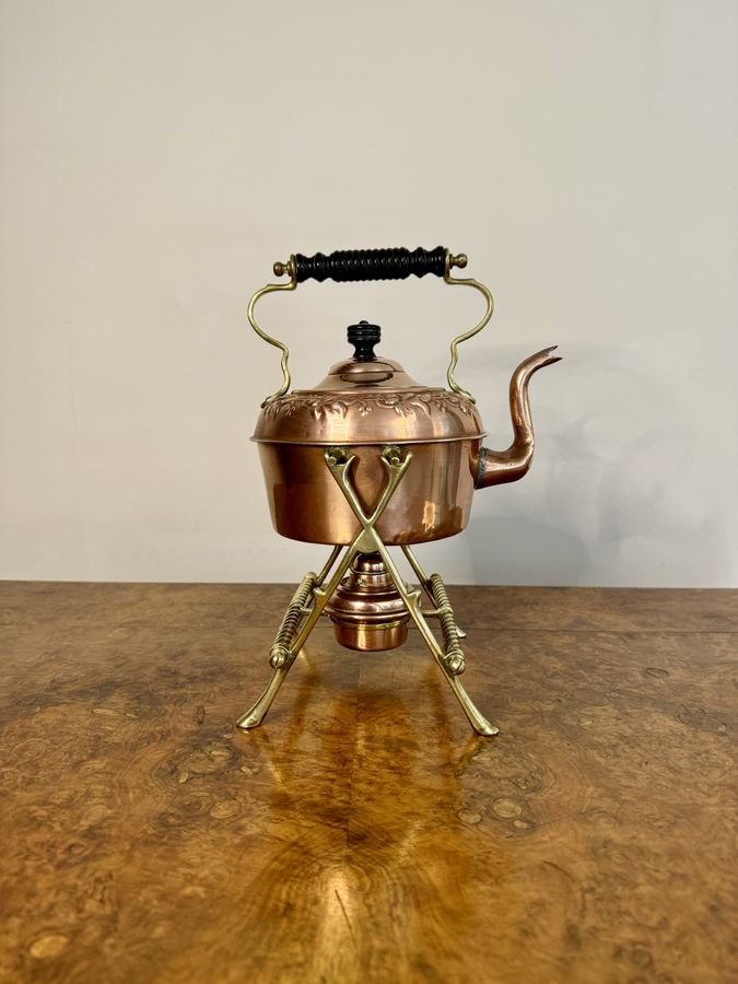 Antique Wonderful antique Victorian quality copper and brass spirit kettle and stand