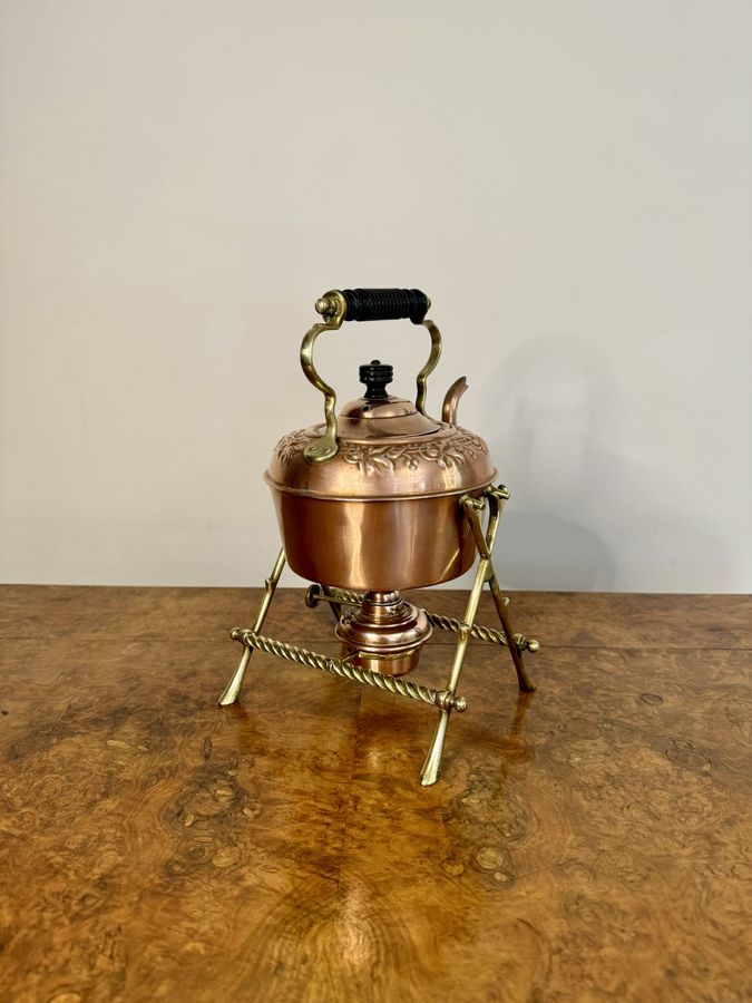 Antique Wonderful antique Victorian quality copper and brass spirit kettle and stand