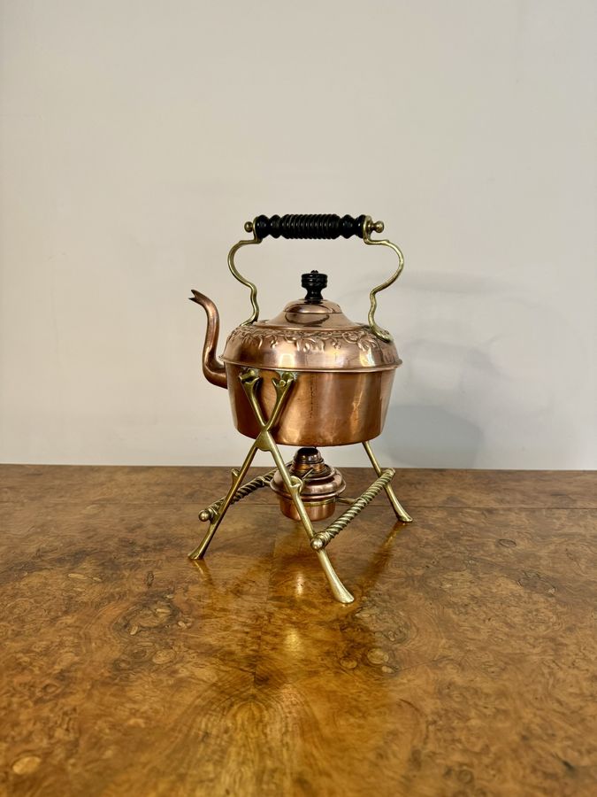 Antique Wonderful antique Victorian quality copper and brass spirit kettle and stand