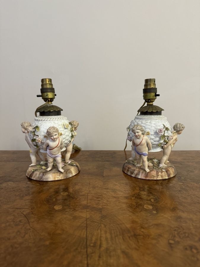 Antique Outstanding quality pair of antique Sitzendorf porcelain lamps