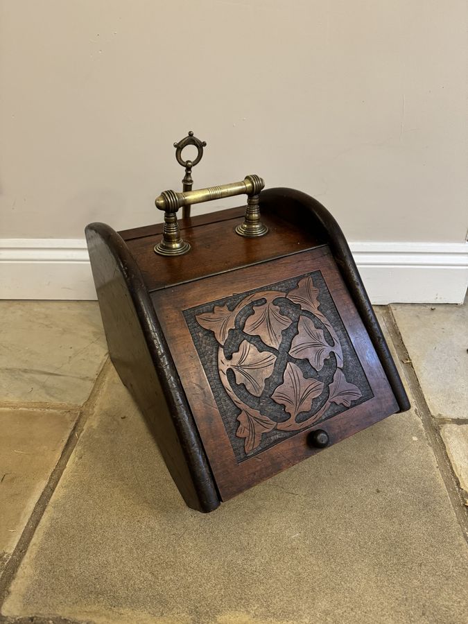 Antique Victorian quality carved oak coal box