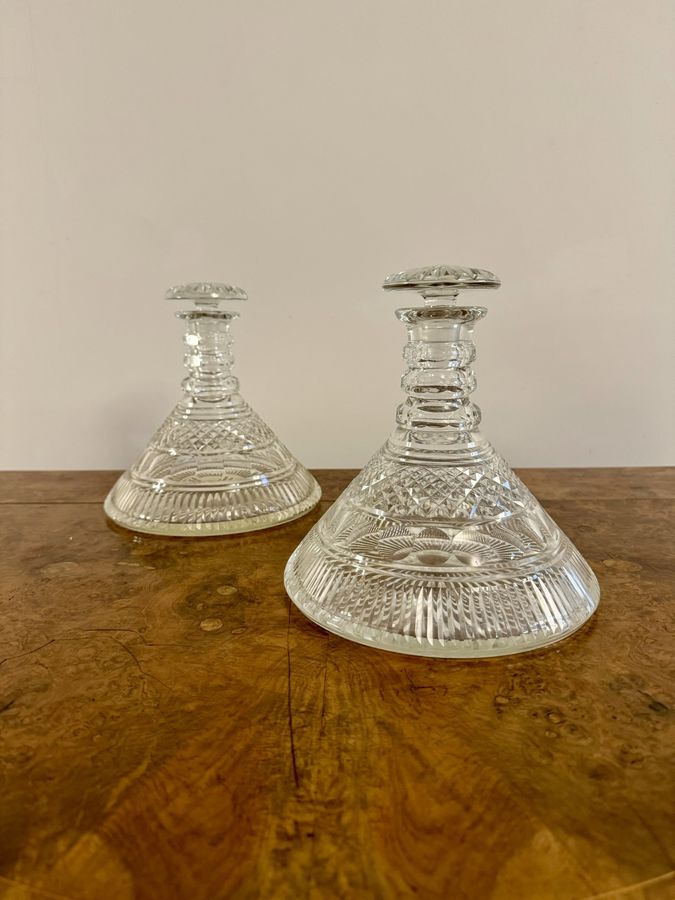 Antique Fantastic quality pair of antique Victorian cut glass ships decanters 