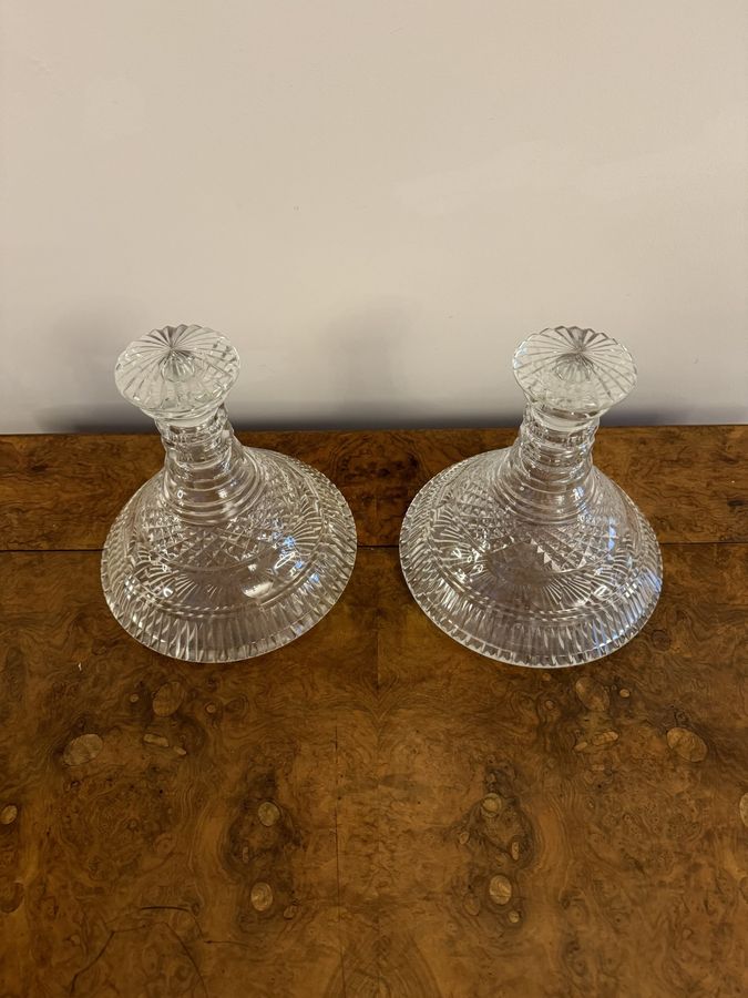 Antique Fantastic quality pair of antique Victorian cut glass ships decanters 