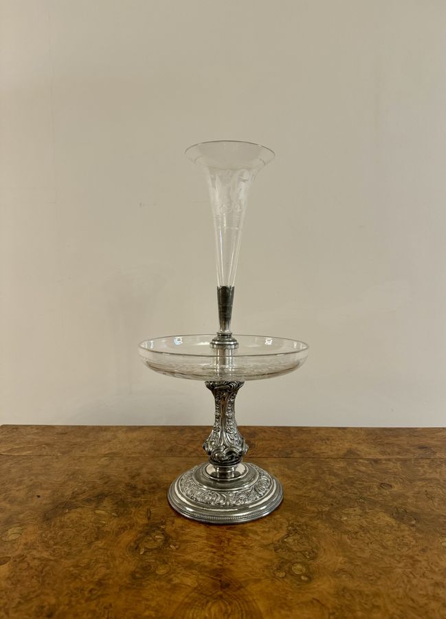 Fine quality antique Victorian silver plated and etched glass epergne by Walker & Hall